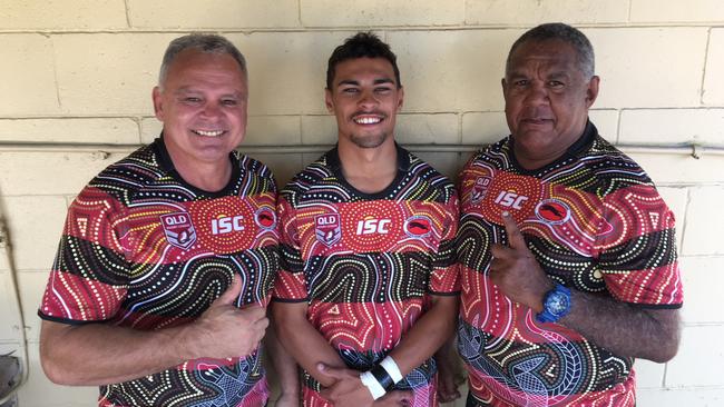 Wests Brisbane Panthers Tony Currie, left, with former Wests under 18 captain Braydn Campbell and ex-player Adrian Coolwell