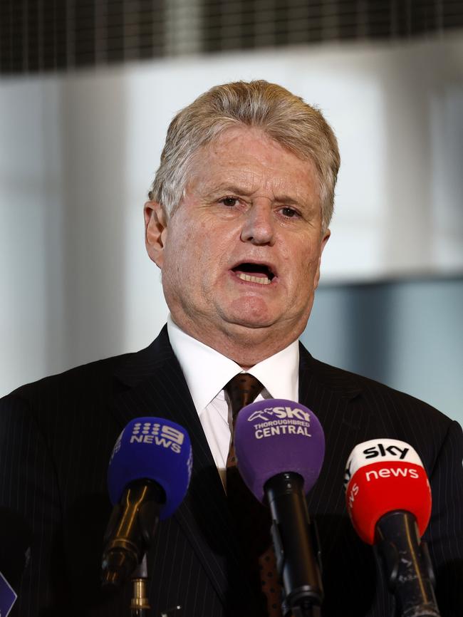Peter McGauran fronts the media at Randwick after a proposal to sell Rosehill was defeated. Picture: Jonathan Ng