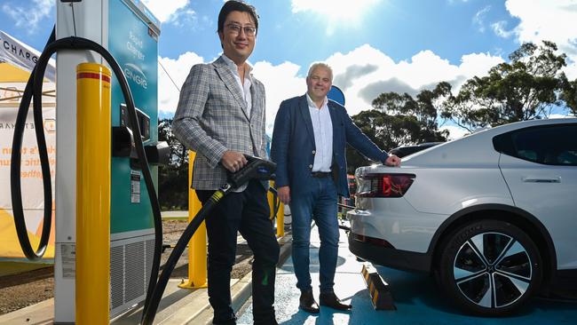 JET Charge chief executive Tim Washington and ENGIE chief executive Rick De Buyserie at the Rocland EV Smart Charging Trial launch in the Barossa Valley. Picture: NCA NewsWire / Naomi Jellicoe