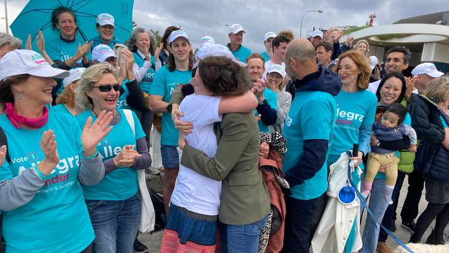 Independent Allegra Spender pictured with supporters at Bondi. Picture: David Barwell