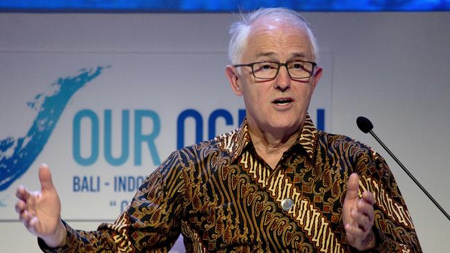 Former Prime Minister Malcolm Turnbull delivers his speech during the Our Ocean Conference in Bali. last week.