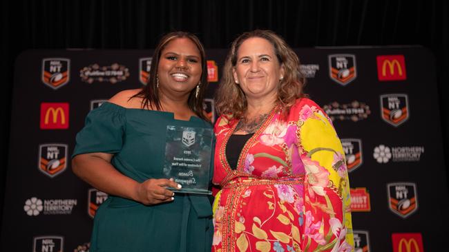 Bianca Scrymgour and Kassie Calicazaos at the 2023 NRL NT Frank Johnson / Gaynor Maggs medal night. Picture: Pema Tamang Pakhrin