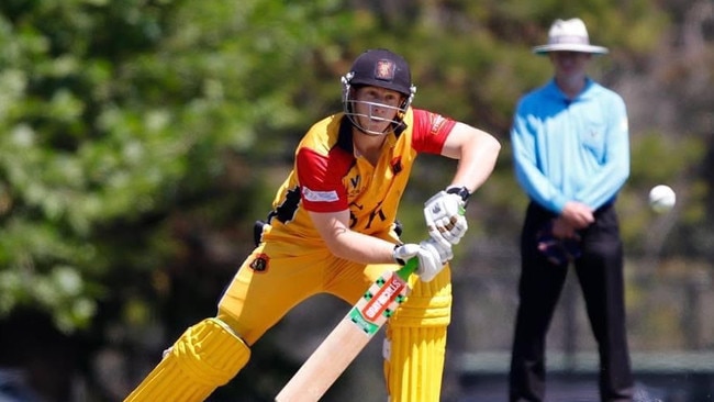 Michael De Iacovo defends to cover during his century against Ringwood. Pic: Mike Owen, St Kilda CC