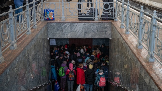 Hundreds of Ukrainian residents squeezing into the subway fearing more missile attacks. Picture: Pau Venteo/Europa Press via Getty Images
