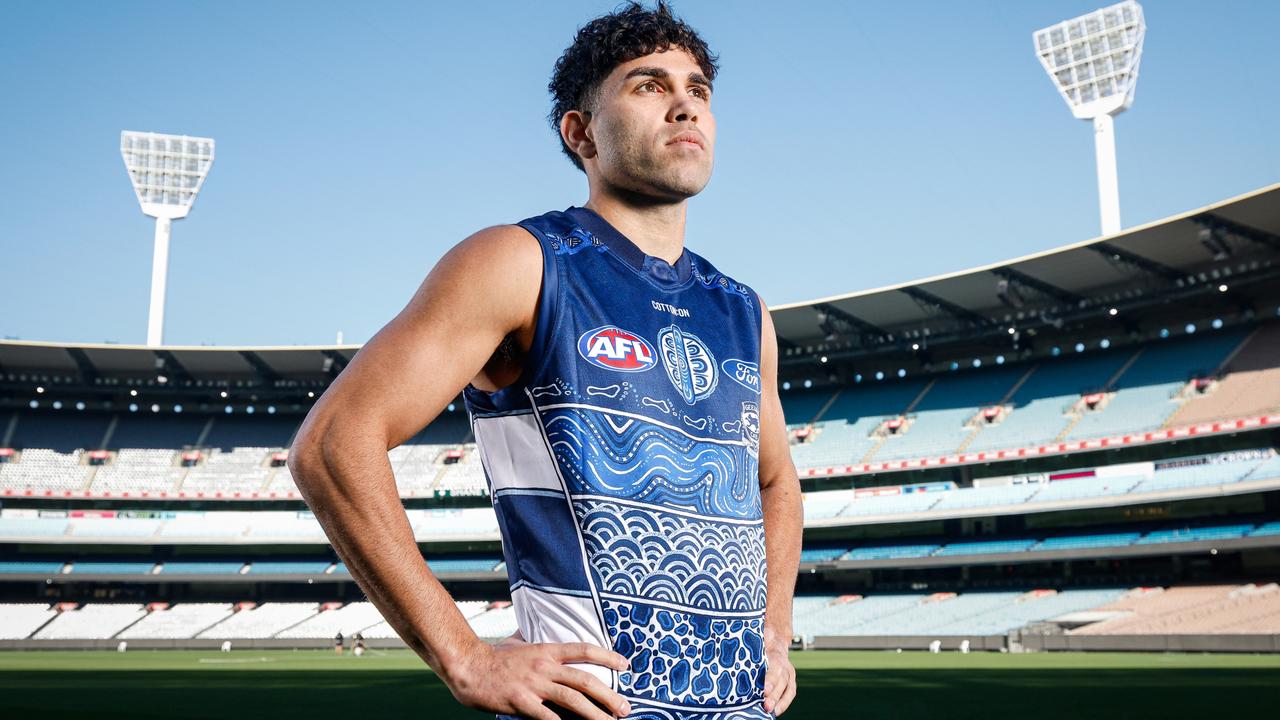 MELBOURNE, AUSTRALIA - MAY 13: Tyson Stengle of the Cats poses for a photo during a Sir Doug Nicholls Round media opportunity at Melbourne Cricket Ground on May 13, 2024 in Melbourne, Australia. (Photo by Dylan Burns/AFL Photos via Getty Images)