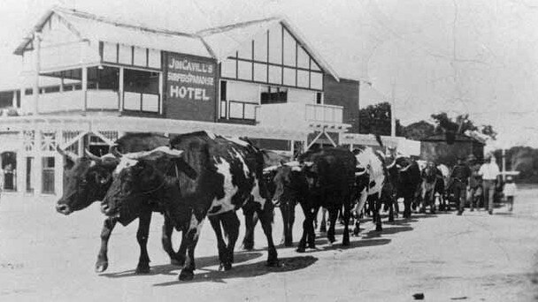 A bullock team passes Jim Cavill's first Surfers Paradise Hotel around 1927. Picture: Gold Coast Local Studies Library.