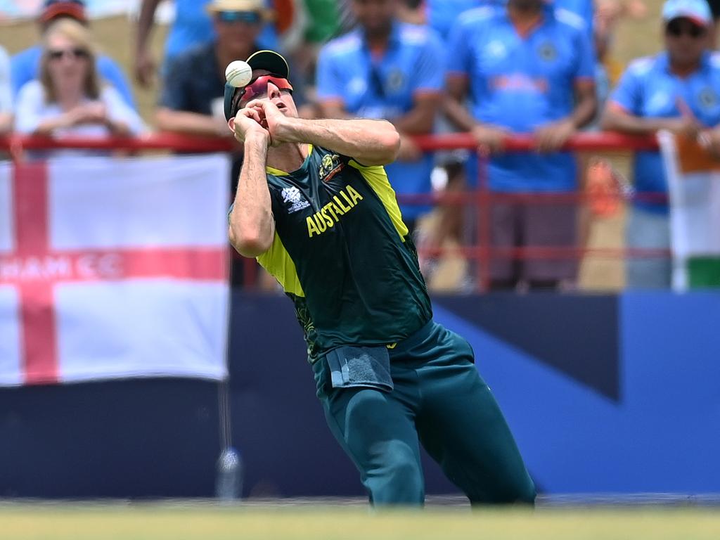 Australian skipper Mitchell Marsh drops Hardik Pandya in the Super Eight match. Picture: Gareth Copley/Getty Images