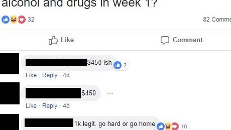 Screenshot of a member asking others how much they spent on alcohol and drugs in the first week.