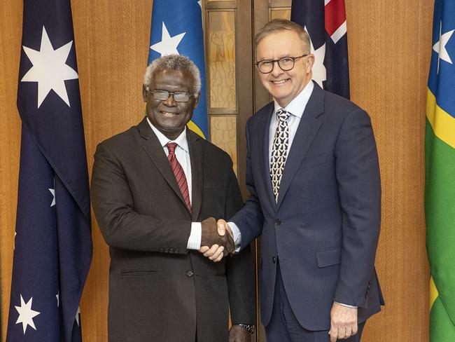 Prime Minister Anthony Albanese welcomed Solomon Islands Prime Minister Manasseh Sogavare to Parliament House in Canberra. Picture: NCA NewsWire / Gary Ramage