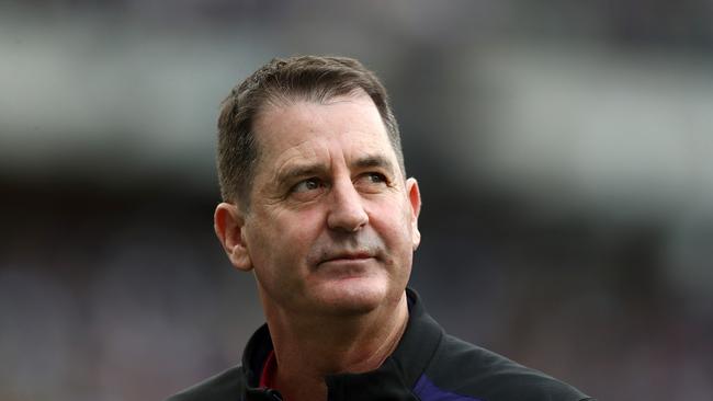 Ross Lyon, Senior Coach of the Dockers looks on during the Round 20 AFL match between the Fremantle Dockers and the Geelong Cats at Optus Stadium in Perth, Saturday, August 3, 2019. (AAP Image/Gary Day) NO ARCHIVING, EDITORIAL USE ONLY