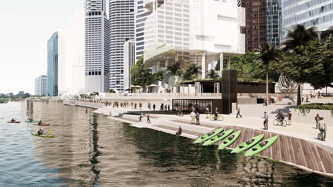 Artist impressions show kayak mooring points as well as river access points for pedestrians.