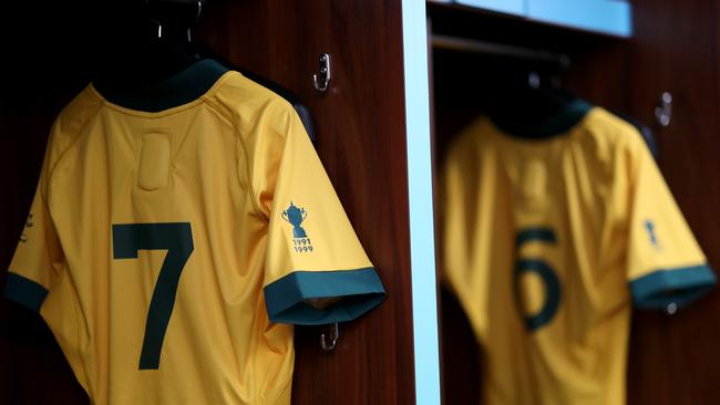 Michael Hooper and David Pocock’s jersey side-by-side in the Sapporo changerooms. Picture: Dan Mullan/Getty Images