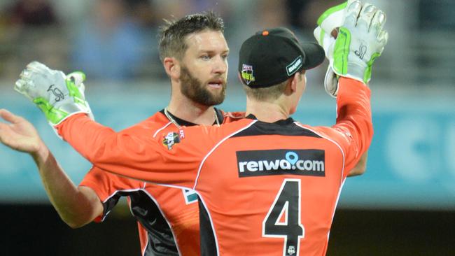 Andrew Tye and Jack Wildermuth during the Big Bash League.