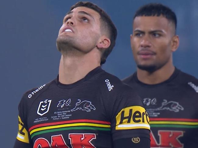 Nathan Cleary looks to the skies before the 2021 NRL grand final.