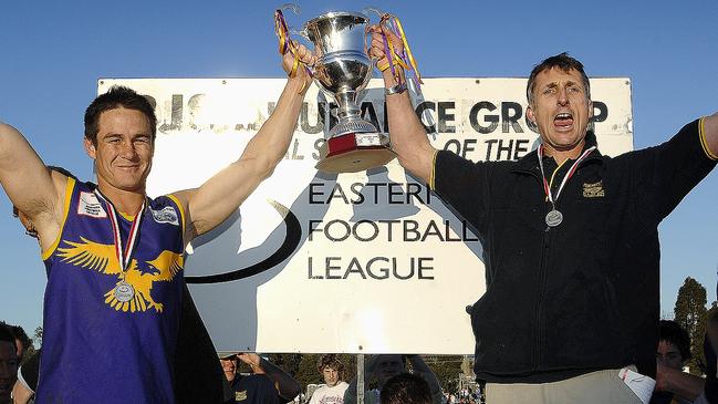 Vermont captain Brad Cullen and coach David Banfield hold up the premiership cup. Picture: Joanna Fincham