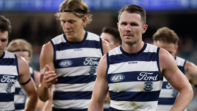 MELBOURNE, AUSTRALIA - MARCH 17: Patrick Dangerfield of the Cats looks dejected after a loss during the 2023 AFL Round 01 match between the Geelong Cats and the Collingwood Magpies at the Melbourne Cricket Ground on March 17, 2023 in Melbourne, Australia. (Photo by Michael Willson/AFL Photos via Getty Images)