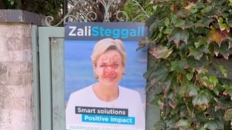 A poster promoting Teal MP Zali Steggall in Mosman after it was vandalised with Chanel lipstick. Picture: Mosman Collective