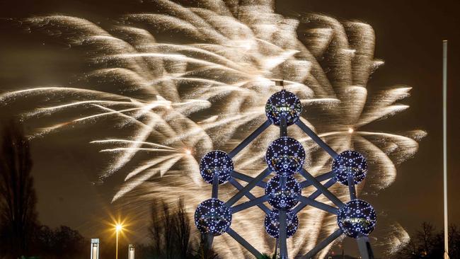 Fireworks shoot at the Atomium in Brussels during the New Year's Eve celebration. Picture: AFP