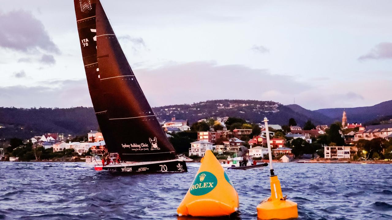 Celestial V70 crosses the finish line in the River Derwent Sydney to Hobart 2024. Picture: CYCA/Salty Dingo