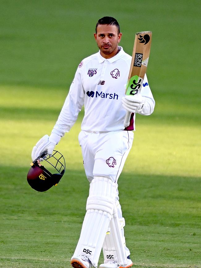 Usman Khawaja celebrates after scoring a century during this year’s Sheffield Shield. Picture: Getty Images