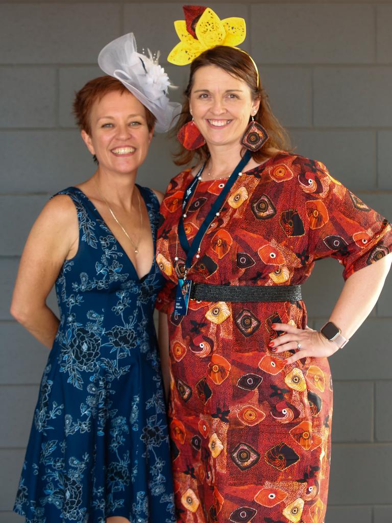 Simone Tschuma and Liza Dodsworth as punters enjoy the 2020 Great Northern Darwin Cup. Picture: GLENN CAMPBELL