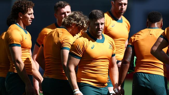 SAINT-ETIENNE, FRANCE - SEPTEMBER 16: David Porecki and  the Wallabies ahead of their Rugby World Cup France 2023 match against Fiji at Stade Geoffroy-Guichard on September 16, 2023 in Saint-Etienne, France. (Photo by Chris Hyde/Getty Images)