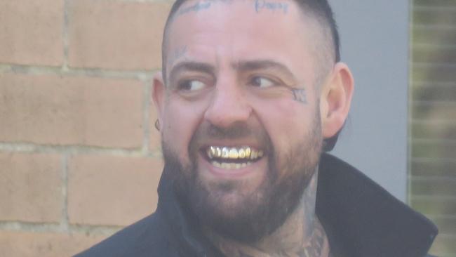 Former Rebels bikie before patching over to the Comanchero, Jesse Vella, 38, of Berkeley Vale, arriving at Wyong Local Court where he pleaded not guilty assaulting and intimidating a man at Chittaway Tavern on June 8, 2024. Picture: NewsLocal