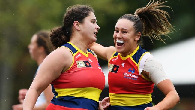 McKenzie Dowrick celebrates another Crows goal. Picture: Mark Brake/Getty Images