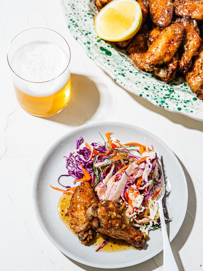 Sticky chicken wings and rainbow coleslaw by Elizabeth Hewson. Picture: Nikki To