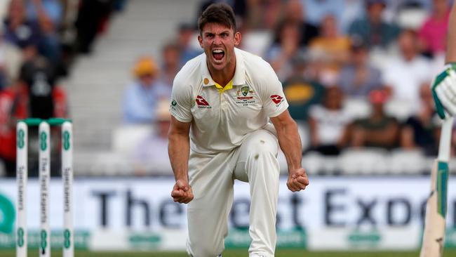 Australia's Mitchell Marsh celebrates taking the wicket of England's Jonny Bairstow Picture: AFP