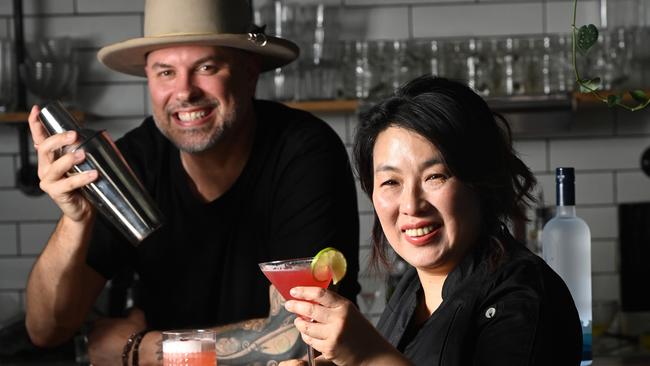 Cafe owner Virginia Cheong, from Cafe Tabouli, with influencer and mixologist Mike Teasdale making new cocktails after her venue went on Kitchen Nightmares and reportedly lost business. Picture: Jeremy Piper