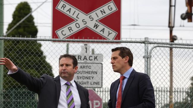 Campbelltown MP Greg Warren with then-opposition transport spokesman Ryan Park at Campbelltown station in 2015. Picture: Robert Pozo