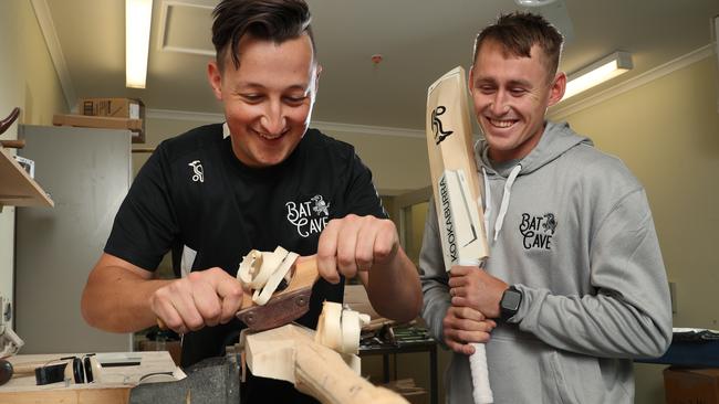 Marnus Labuschange with bat-maker Lachlan Dinger. Picture: David Crosling