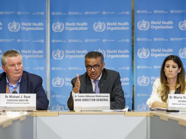 Tedros Adhanom Ghebreyesus, director general of the WHO speaks during a news conference on updates regarding COVID-19, at WHO headquarters in Geneva. Accompanying him are Michael Ryan, left, executive director and Maria van Kerkhove, technical lead. Picture: AP