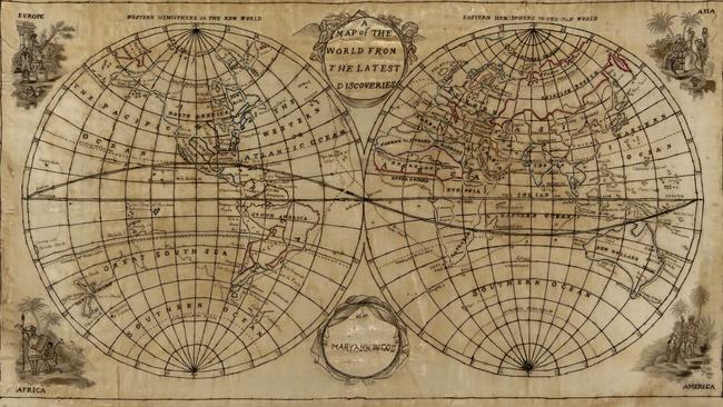 A silk embroidery of a double hemisphere map of the world. Picture: National Museum of Australia