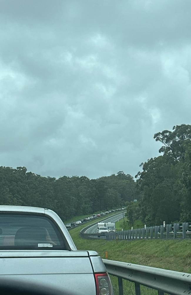 Traffic headache after semi-trailer rolls on Bruce Hwy at Yandina. Picture: Maddie Robinson