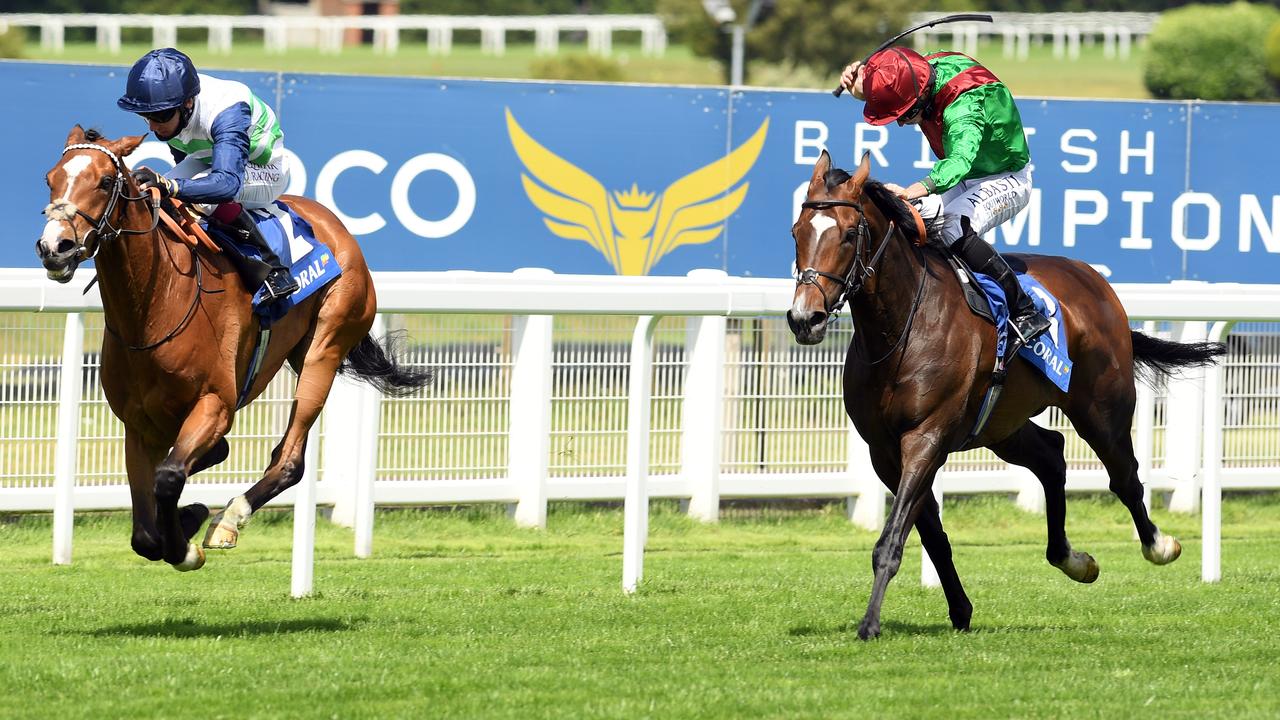 ESHER, ENGLAND - JULY 05: Dashing Willoughby wins fron Spanish Mission at Sandown Park Racecourse on July 05, 2020 in Esher, England.  (Photo by Bill Selwyn/Pool via Getty Images)