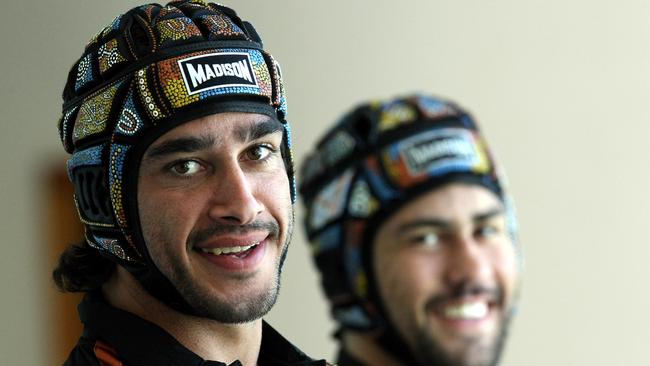 Indigenous All Star team members Johnathan Thurston and Jamie Soward will wear their special Sid Domic designed headgear during the game.