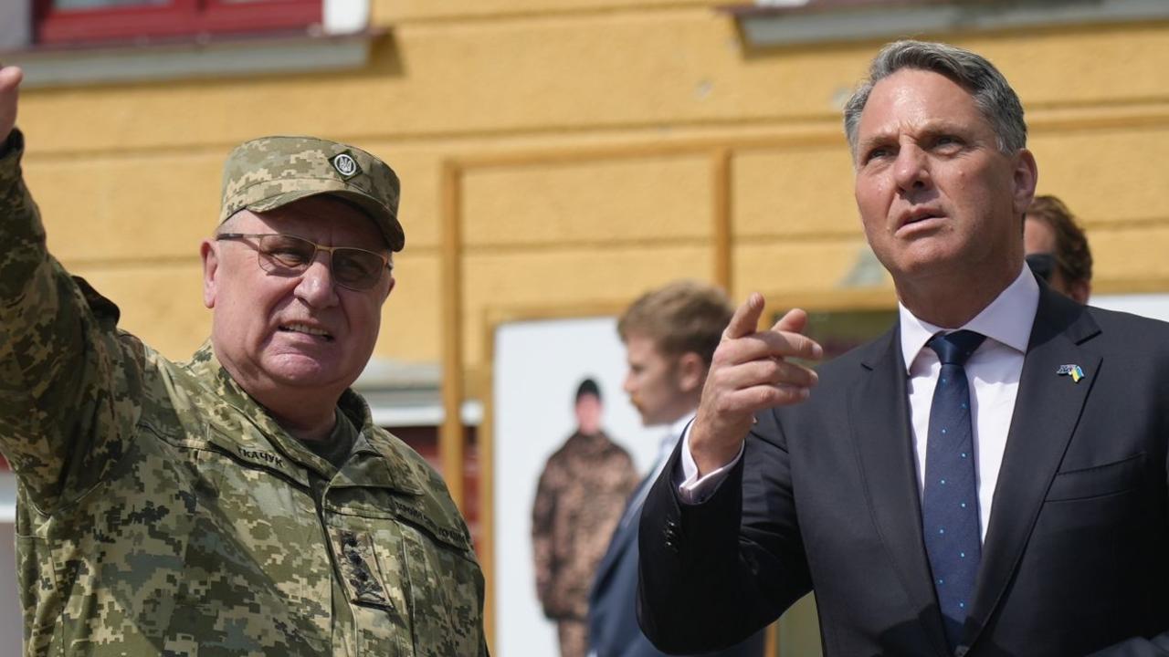 Defence Minister Richard Marles tours Ukraine’s National Army Academy in Lviv with Lieutenant General Pavlo Tkachuk. Picture: Ben Lewis