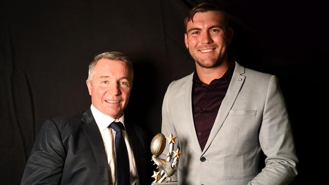 NRL; North Queensland Cowboys Awards Night 2018. Coach's Award. Kyle Feldt presented by Coach Paul Green. Picture: Alix Sweeney