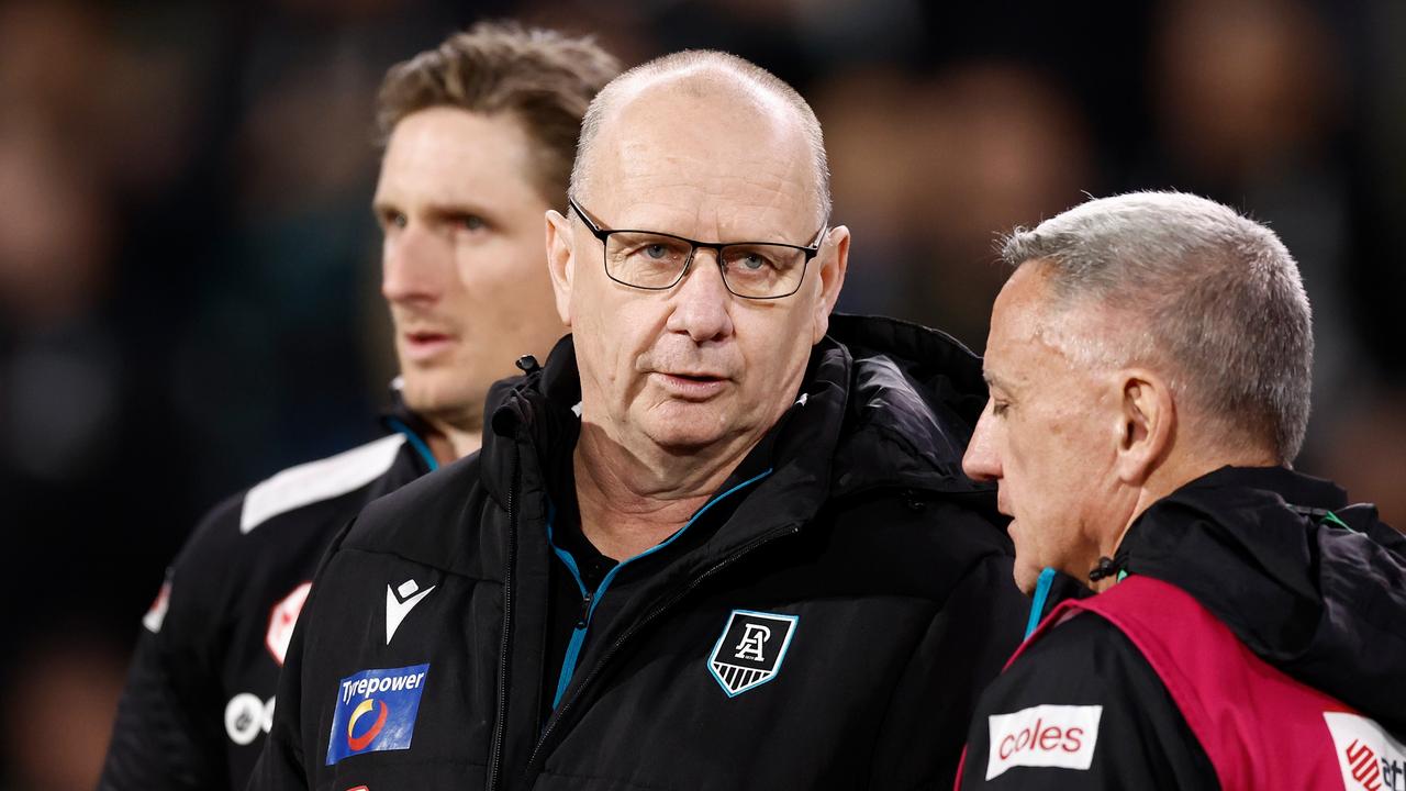 ADELAIDE, AUSTRALIA – SEPTEMBER 13: Ken Hinkley, Senior Coach of the Power looks on during the 2024 AFL Second Semi Final match between the Port Adelaide Power and the Hawthorn Hawks at Adelaide Oval on September 13, 2024 in Adelaide, Australia. (Photo by Michael Willson/AFL Photos via Getty Images)