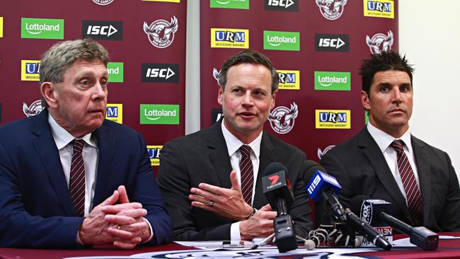 Sea Eagles chairman Scott Penn (centre) with club CEO Lyall Gorman (left) and NRL head coach Trent Barrett. Photo: Adam Yip