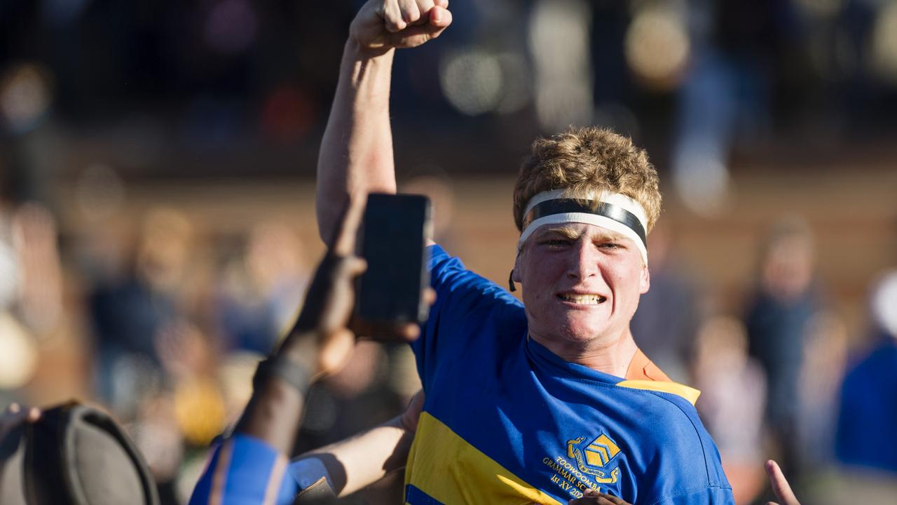 Angus Buckley is lifted in celebration after TGS defeat Downlands to claim the O'Callaghan Cup on Grammar Downlands Day at Toowoomba Grammar School, Saturday, August 19, 2023. Picture: Kevin Farmer