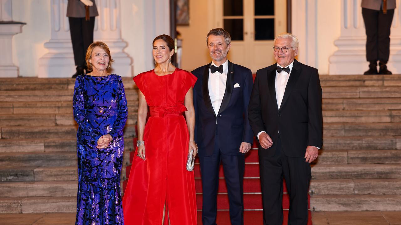 Queen Mary’s stunning scarlet evening gown featured a cinched waist and a centre split that went just above the knee. Picture: Gerald Matzka/Getty Images