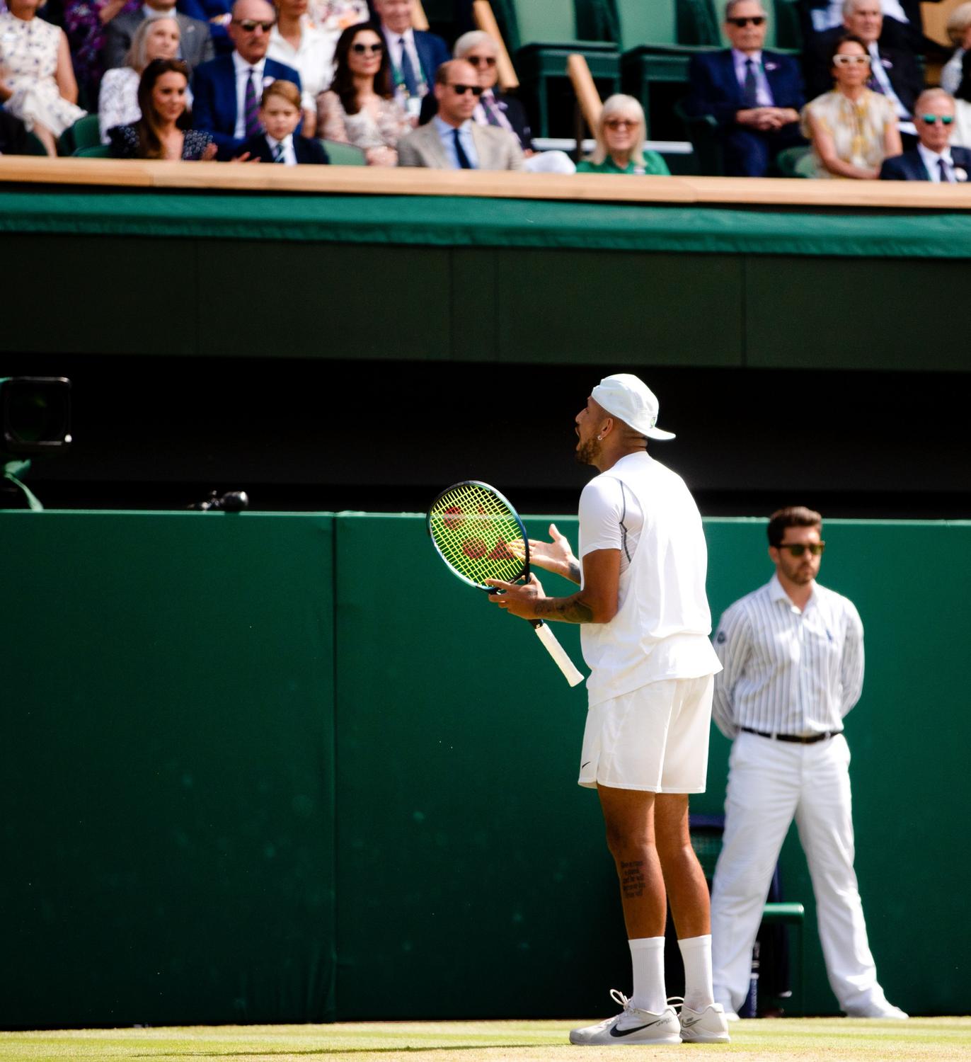 Nick Kyrgios watched by Prince William, Catherine Duchess of Cambridge and Prince George. Picture: Rex