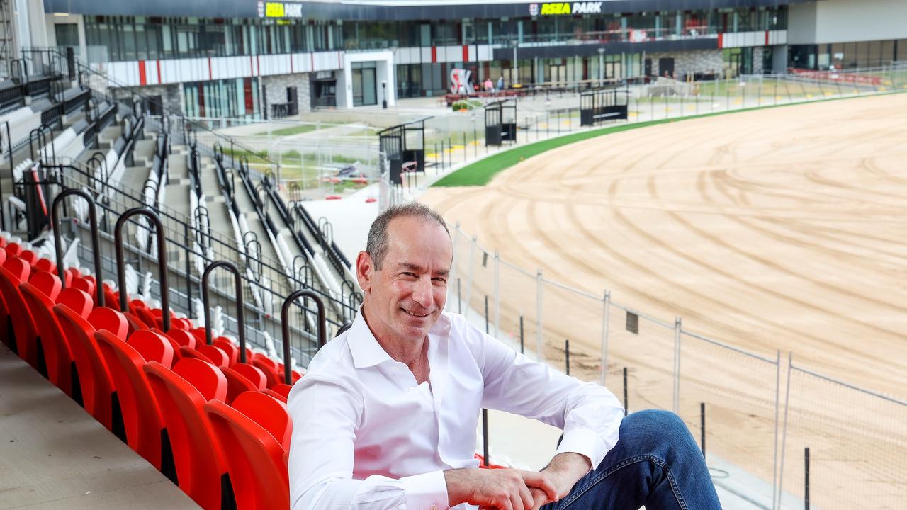 St Kilda president Andrew Bassat sits in the clubs new Danny Frawley Centre grandstand at Moorabbin. Picture : Ian Currie