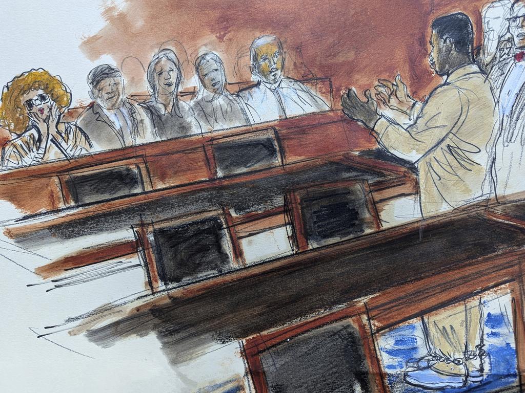 In this courtroom sketch, Sean "Diddy" Combs, right, in shackles, gestures to his mother, seated in the audience far left, who is blowing kisses to him following his hearing in federal court in New York. Picture: Elizabeth Williams via AP