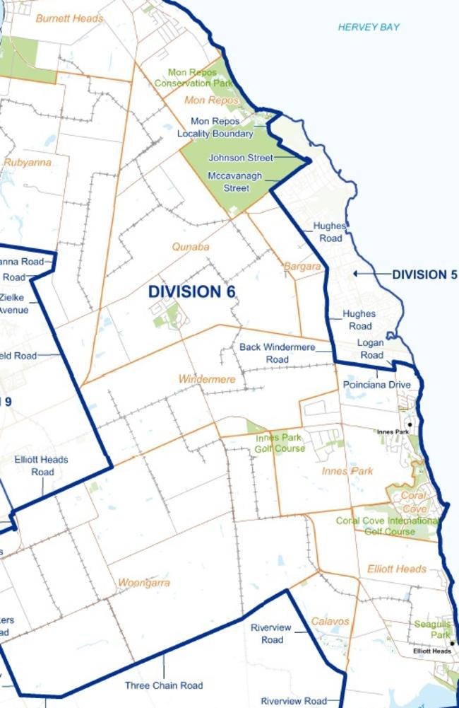 Division 6 encompasses Burnett Heads south to Elliot Heads (excepting Bargara) and west to Rubyanna, Woongarra and Alloway bounded by Goodwood and Three Chain Roads.