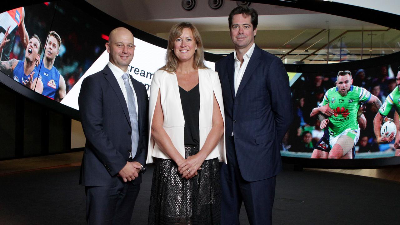 NRL CEO Todd Greenberg (L), Marne Fechner and AFL CEO Gillon McLachlan. Picture: The Australian