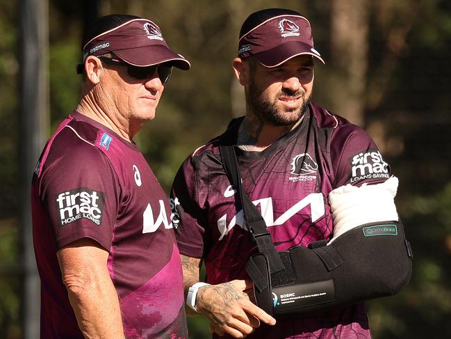 Coach Kevin Walters talking with injured captain Adam Reynolds, Brisbane Broncos training, Red Hill. Picture: Liam Kidston